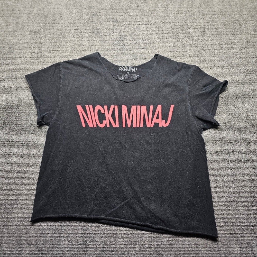 Nicki Minaj Graphic Crop Top T-Shirt Black Pink Distressed Raw Hem Size M